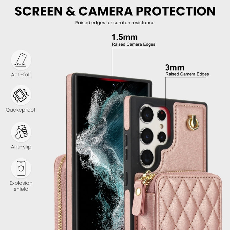 For Samsung Galaxy S22 Ultra 5G AwQuer Crossbody Zipper Wallet Rhombic Leather Back Phone Case(Rose Gold) - Galaxy S22 Ultra 5G Cases by Awquer | Online Shopping UK | buy2fix