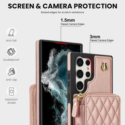 For Samsung Galaxy S22 Ultra 5G AwQuer Crossbody Zipper Wallet Rhombic Leather Back Phone Case(Rose Gold) - Galaxy S22 Ultra 5G Cases by Awquer | Online Shopping UK | buy2fix