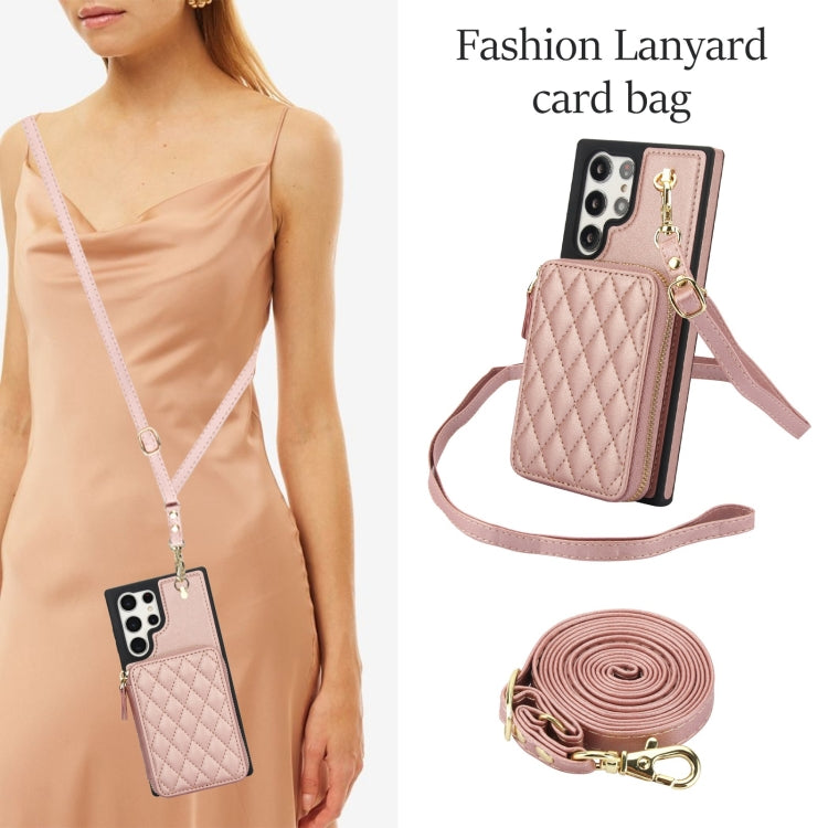 For Samsung Galaxy S22 Ultra 5G AwQuer Crossbody Zipper Wallet Rhombic Leather Back Phone Case(Rose Gold) - Galaxy S22 Ultra 5G Cases by Awquer | Online Shopping UK | buy2fix
