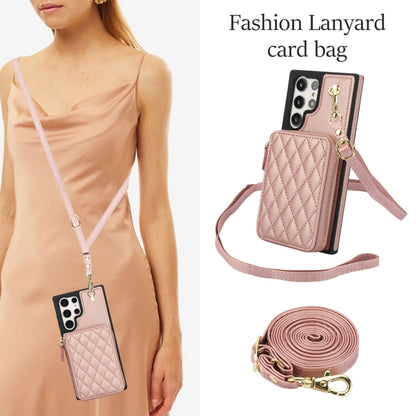 For Samsung Galaxy S22 Ultra 5G AwQuer Crossbody Zipper Wallet Rhombic Leather Back Phone Case(Rose Gold) - Galaxy S22 Ultra 5G Cases by Awquer | Online Shopping UK | buy2fix