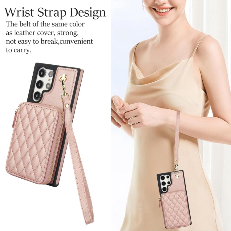 For Samsung Galaxy S22 Ultra 5G AwQuer Crossbody Zipper Wallet Rhombic Leather Back Phone Case(Rose Gold) - Galaxy S22 Ultra 5G Cases by Awquer | Online Shopping UK | buy2fix