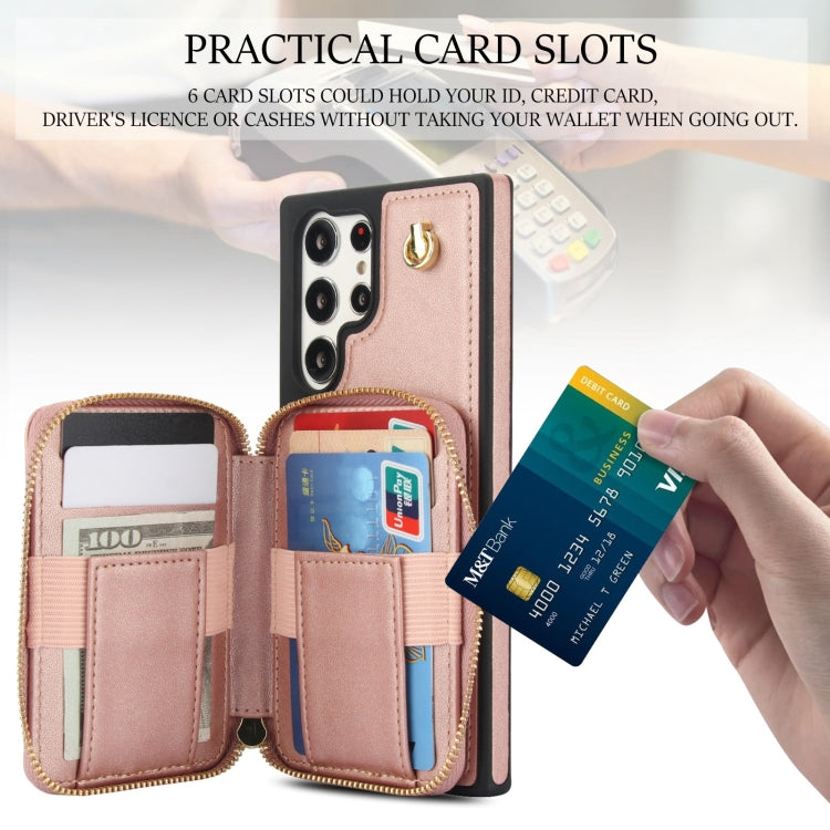 For Samsung Galaxy S22 Ultra 5G AwQuer Crossbody Zipper Wallet Rhombic Leather Back Phone Case(Rose Gold) - Galaxy S22 Ultra 5G Cases by Awquer | Online Shopping UK | buy2fix