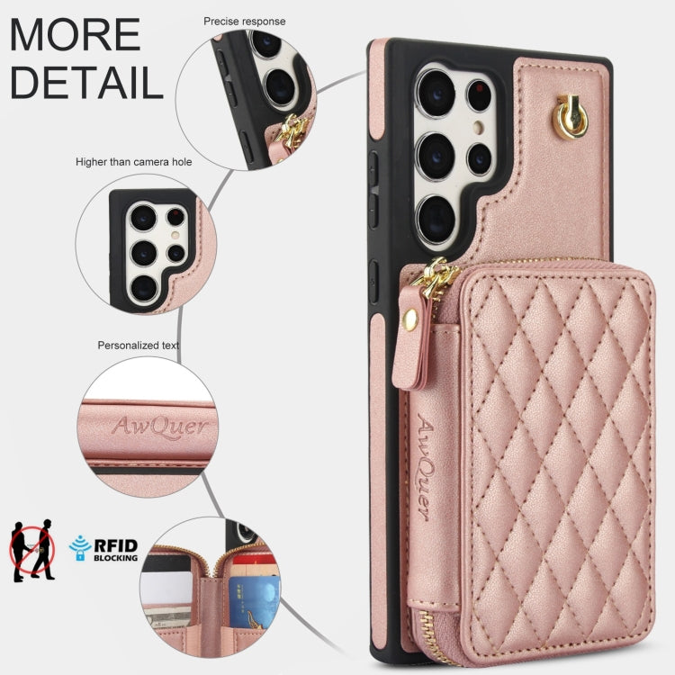 For Samsung Galaxy S22 Ultra 5G AwQuer Crossbody Zipper Wallet Rhombic Leather Back Phone Case(Rose Gold) - Galaxy S22 Ultra 5G Cases by Awquer | Online Shopping UK | buy2fix