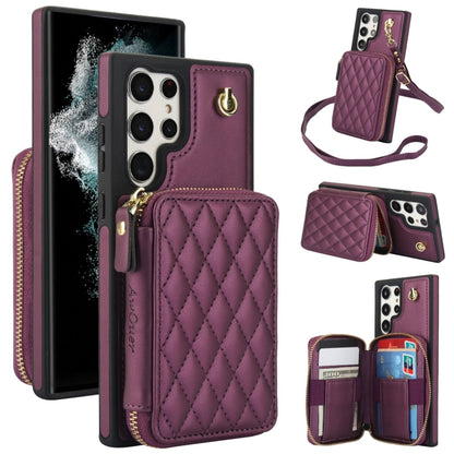 For Samsung Galaxy S22 Ultra 5G AwQuer Crossbody Zipper Wallet Rhombic Leather Back Phone Case(Dark Purple) - Galaxy S22 Ultra 5G Cases by Awquer | Online Shopping UK | buy2fix