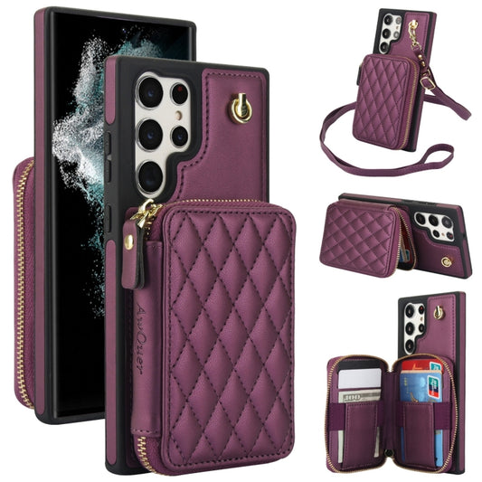 For Samsung Galaxy S22 Ultra 5G AwQuer Crossbody Zipper Wallet Rhombic Leather Back Phone Case(Dark Purple) - Galaxy S22 Ultra 5G Cases by Awquer | Online Shopping UK | buy2fix