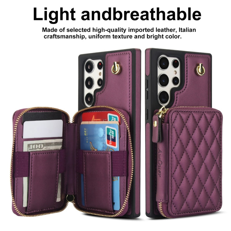 For Samsung Galaxy S22 Ultra 5G AwQuer Crossbody Zipper Wallet Rhombic Leather Back Phone Case(Dark Purple) - Galaxy S22 Ultra 5G Cases by Awquer | Online Shopping UK | buy2fix
