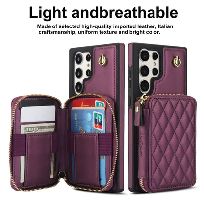 For Samsung Galaxy S22 Ultra 5G AwQuer Crossbody Zipper Wallet Rhombic Leather Back Phone Case(Dark Purple) - Galaxy S22 Ultra 5G Cases by Awquer | Online Shopping UK | buy2fix