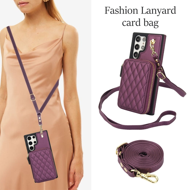 For Samsung Galaxy S22 Ultra 5G AwQuer Crossbody Zipper Wallet Rhombic Leather Back Phone Case(Dark Purple) - Galaxy S22 Ultra 5G Cases by Awquer | Online Shopping UK | buy2fix