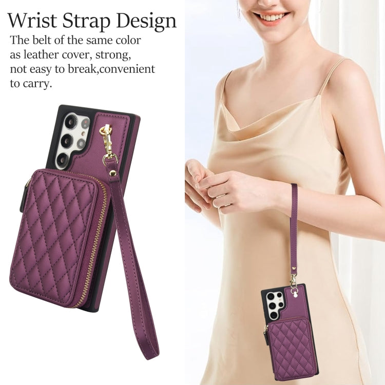 For Samsung Galaxy S22 Ultra 5G AwQuer Crossbody Zipper Wallet Rhombic Leather Back Phone Case(Dark Purple) - Galaxy S22 Ultra 5G Cases by Awquer | Online Shopping UK | buy2fix