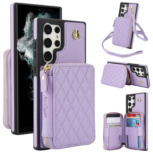 For Samsung Galaxy S22 Ultra 5G AwQuer Crossbody Zipper Wallet Rhombic Leather Back Phone Case(Purple) - Galaxy S22 Ultra 5G Cases by Awquer | Online Shopping UK | buy2fix