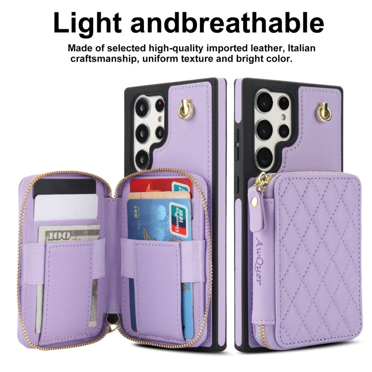 For Samsung Galaxy S22 Ultra 5G AwQuer Crossbody Zipper Wallet Rhombic Leather Back Phone Case(Purple) - Galaxy S22 Ultra 5G Cases by Awquer | Online Shopping UK | buy2fix