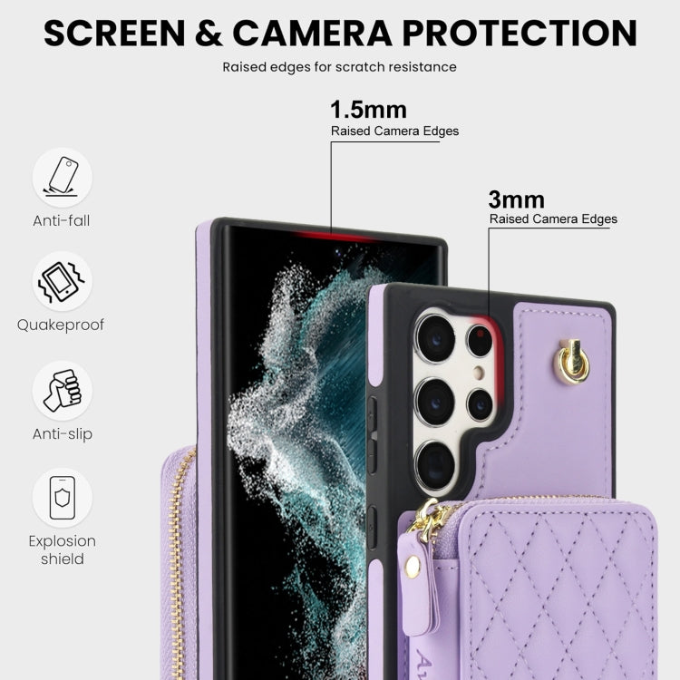 For Samsung Galaxy S22 Ultra 5G AwQuer Crossbody Zipper Wallet Rhombic Leather Back Phone Case(Purple) - Galaxy S22 Ultra 5G Cases by Awquer | Online Shopping UK | buy2fix