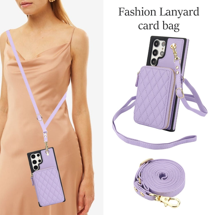 For Samsung Galaxy S22 Ultra 5G AwQuer Crossbody Zipper Wallet Rhombic Leather Back Phone Case(Purple) - Galaxy S22 Ultra 5G Cases by Awquer | Online Shopping UK | buy2fix