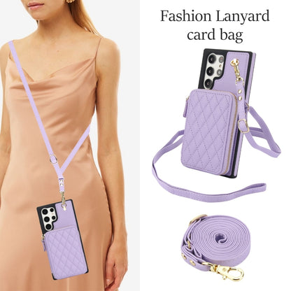 For Samsung Galaxy S22 Ultra 5G AwQuer Crossbody Zipper Wallet Rhombic Leather Back Phone Case(Purple) - Galaxy S22 Ultra 5G Cases by Awquer | Online Shopping UK | buy2fix
