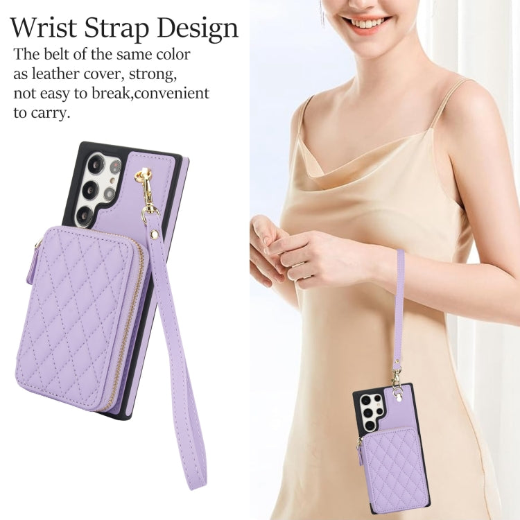For Samsung Galaxy S22 Ultra 5G AwQuer Crossbody Zipper Wallet Rhombic Leather Back Phone Case(Purple) - Galaxy S22 Ultra 5G Cases by Awquer | Online Shopping UK | buy2fix