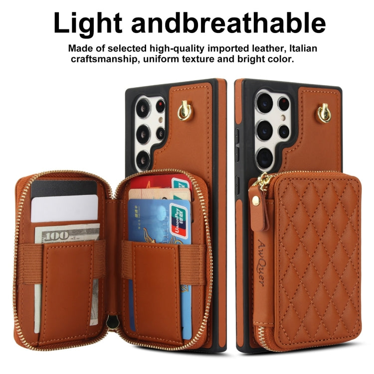 For Samsung Galaxy S22 Ultra 5G AwQuer Crossbody Zipper Wallet Rhombic Leather Back Phone Case(Brown) - Galaxy S22 Ultra 5G Cases by Awquer | Online Shopping UK | buy2fix