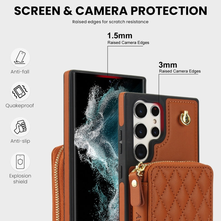 For Samsung Galaxy S22 Ultra 5G AwQuer Crossbody Zipper Wallet Rhombic Leather Back Phone Case(Brown) - Galaxy S22 Ultra 5G Cases by Awquer | Online Shopping UK | buy2fix