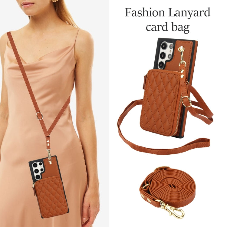 For Samsung Galaxy S22 Ultra 5G AwQuer Crossbody Zipper Wallet Rhombic Leather Back Phone Case(Brown) - Galaxy S22 Ultra 5G Cases by Awquer | Online Shopping UK | buy2fix