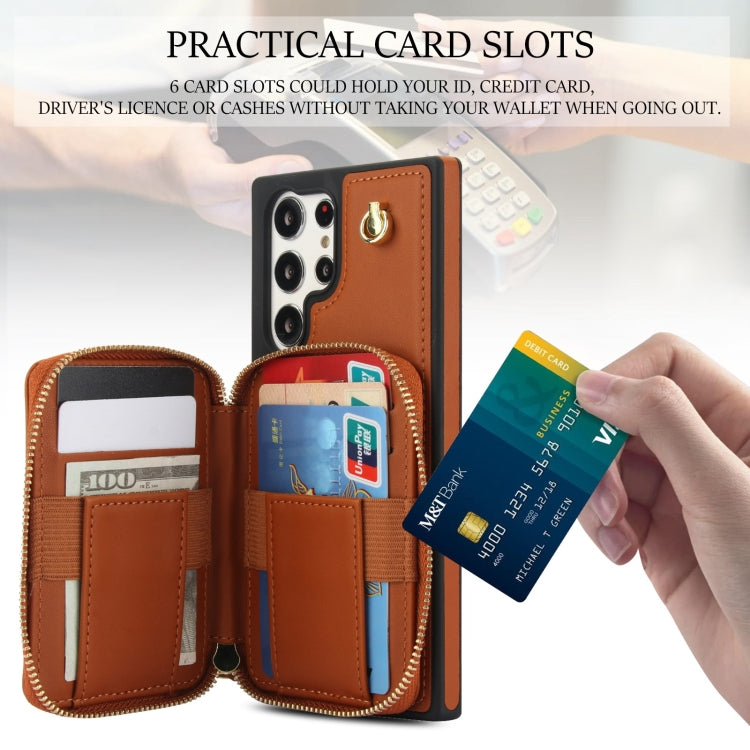 For Samsung Galaxy S22 Ultra 5G AwQuer Crossbody Zipper Wallet Rhombic Leather Back Phone Case(Brown) - Galaxy S22 Ultra 5G Cases by Awquer | Online Shopping UK | buy2fix