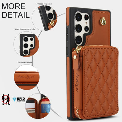 For Samsung Galaxy S22 Ultra 5G AwQuer Crossbody Zipper Wallet Rhombic Leather Back Phone Case(Brown) - Galaxy S22 Ultra 5G Cases by Awquer | Online Shopping UK | buy2fix