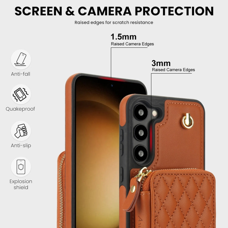 For Samsung Galaxy S23 5G AwQuer Crossbody Zipper Wallet Rhombic Leather Back Phone Case(Brown) - Galaxy S23 5G Cases by Awquer | Online Shopping UK | buy2fix