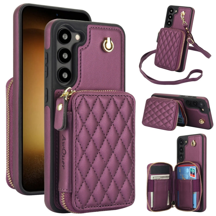 For Samsung Galaxy S23+ 5G AwQuer Crossbody Zipper Wallet Rhombic Leather Back Phone Case(Dark Purple) - Galaxy S23+ 5G Cases by Awquer | Online Shopping UK | buy2fix