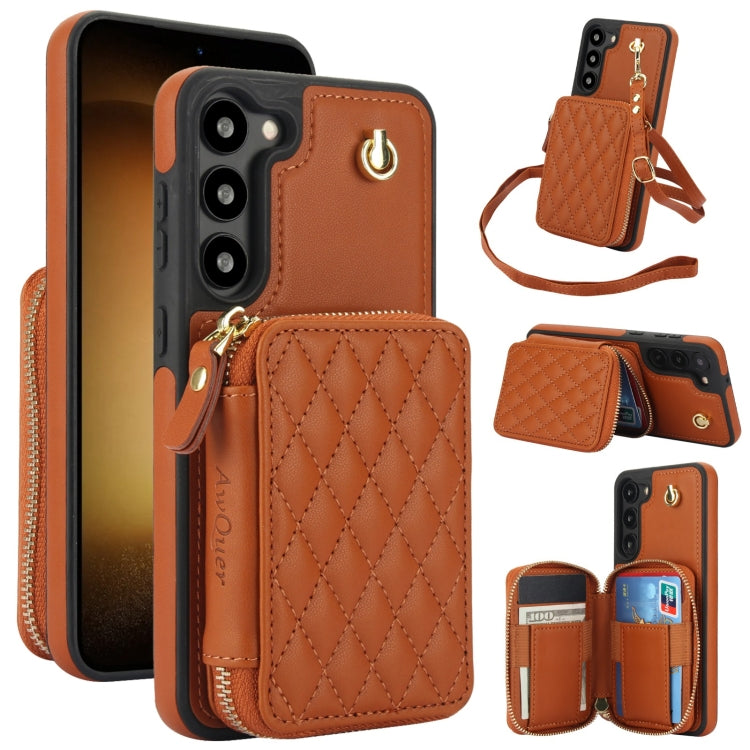 For Samsung Galaxy S23+ 5G AwQuer Crossbody Zipper Wallet Rhombic Leather Back Phone Case(Brown) - Galaxy S23+ 5G Cases by Awquer | Online Shopping UK | buy2fix