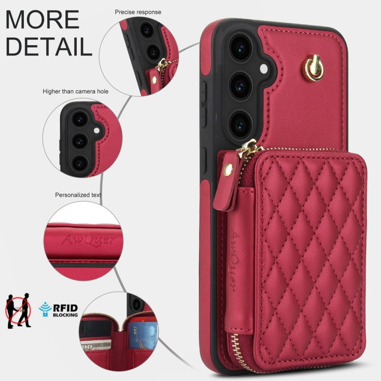For Samsung Galaxy S23 FE 5G AwQuer Crossbody Zipper Wallet Rhombic Leather Back Phone Case(Red) - Galaxy S23 FE 5G Cases by Awquer | Online Shopping UK | buy2fix