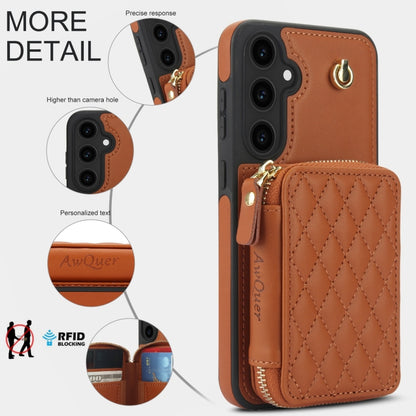 For Samsung Galaxy S23 FE 5G AwQuer Crossbody Zipper Wallet Rhombic Leather Back Phone Case(Brown) - Galaxy S23 FE 5G Cases by Awquer | Online Shopping UK | buy2fix