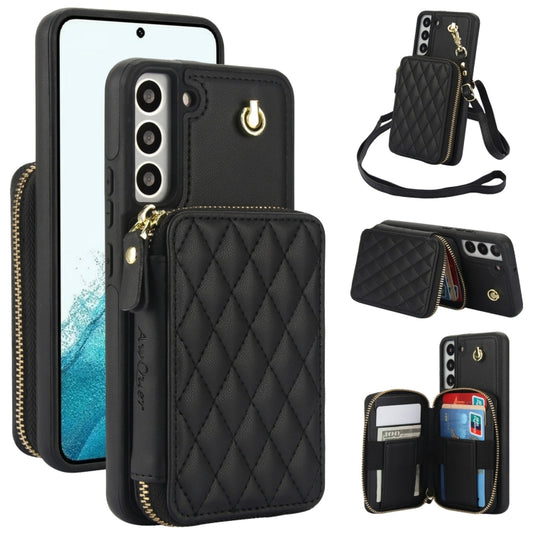 For Samsung Galaxy S22 5G AwQuer Crossbody Zipper Wallet Rhombic Leather Back Phone Case(Black) - Galaxy S22 5G Cases by Awquer | Online Shopping UK | buy2fix