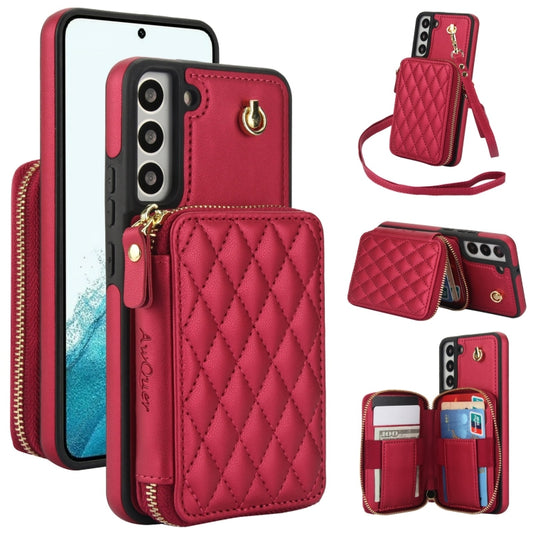 For Samsung Galaxy S22 5G AwQuer Crossbody Zipper Wallet Rhombic Leather Back Phone Case(Red) - Galaxy S22 5G Cases by Awquer | Online Shopping UK | buy2fix