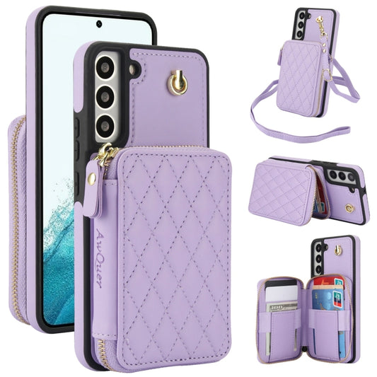 For Samsung Galaxy S22 5G AwQuer Crossbody Zipper Wallet Rhombic Leather Back Phone Case(Purple) - Galaxy S22 5G Cases by Awquer | Online Shopping UK | buy2fix