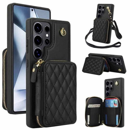 For Samsung Galaxy S25 Ultra 5G AwQuer Crossbody Zipper Wallet Rhombic Leather Back Phone Case(Black)
