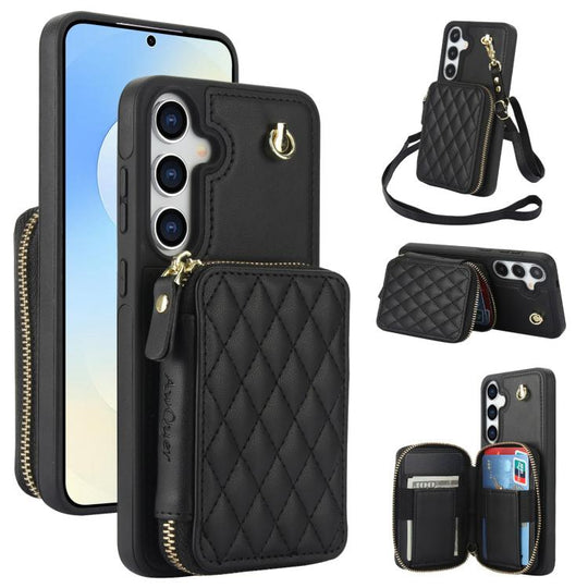 For Samsung Galaxy S25 FE 5G AwQuer Crossbody Zipper Wallet Rhombic Leather Back Phone Case(Black)
