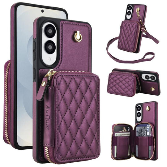 For Samsung Galaxy S25 Edge 5G AwQuer Crossbody Zipper Wallet Rhombic Leather Back Phone Case(Dark Purple)
