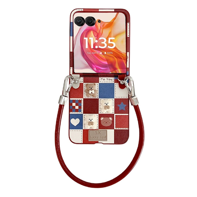 For Motorola Razr 50 Lattice Little Bear Pattern Full Coverage Phone Case with Wrist Strap(Red) - Motorola Cases by buy2fix | Online Shopping UK | buy2fix