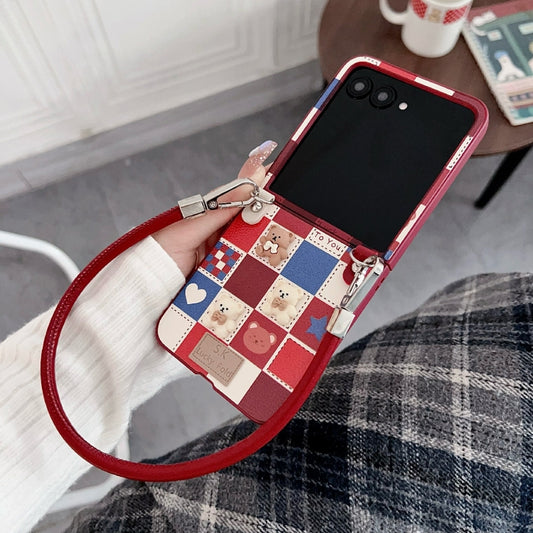 For Motorola Razr 50 Lattice Little Bear Pattern Full Coverage Phone Case with Wrist Strap(Red) - Motorola Cases by buy2fix | Online Shopping UK | buy2fix
