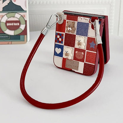 For Motorola Razr 50 Lattice Little Bear Pattern Full Coverage Phone Case with Wrist Strap(Red) - Motorola Cases by buy2fix | Online Shopping UK | buy2fix
