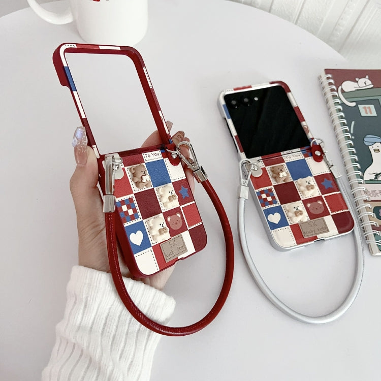 For Motorola Razr 50 Ultra Lattice Little Bear Pattern Full Coverage Phone Case with Wrist Strap(Red) by buy2fix