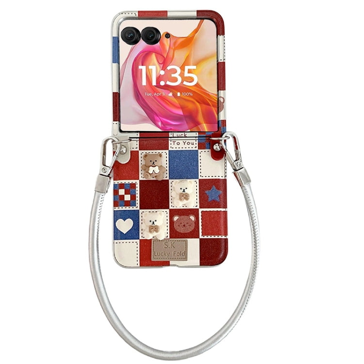 For Motorola Razr 50 Ultra Lattice Little Bear Pattern Full Coverage Phone Case with Wrist Strap(Silver) - Motorola Cases by buy2fix | Online Shopping UK | buy2fix