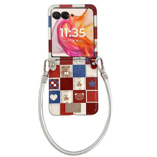 For Motorola Razr 50 Ultra Lattice Little Bear Pattern Full Coverage Phone Case with Wrist Strap(Silver) - Motorola Cases by buy2fix | Online Shopping UK | buy2fix