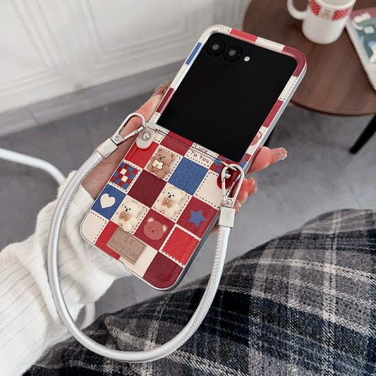 For Motorola Razr 50 Ultra Lattice Little Bear Pattern Full Coverage Phone Case with Wrist Strap(Silver) - Motorola Cases by buy2fix | Online Shopping UK | buy2fix