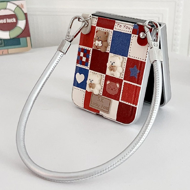 For Motorola Razr 50 Ultra Lattice Little Bear Pattern Full Coverage Phone Case with Wrist Strap(Silver) - Motorola Cases by buy2fix | Online Shopping UK | buy2fix
