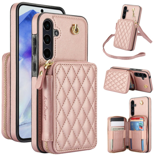 For Samsung Galaxy A55 5G AwQuer Crossbody Zipper Wallet Rhombic Leather Back Phone Case(Rose Gold) - Galaxy Phone Cases by Awquer | Online Shopping UK | buy2fix