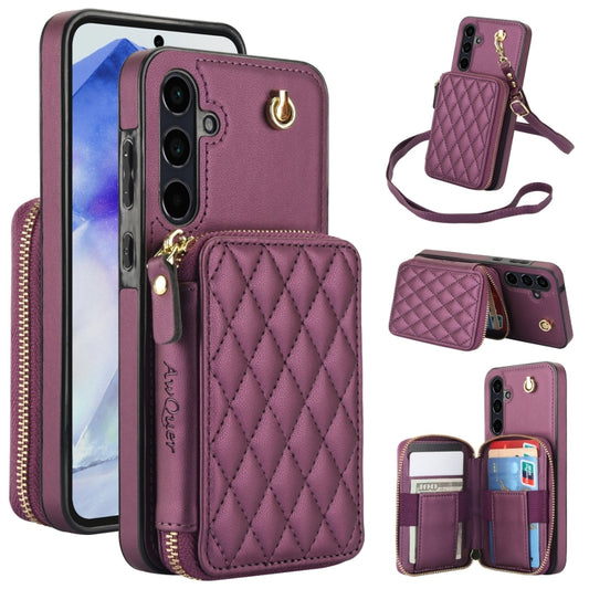 For Samsung Galaxy A55 5G AwQuer Crossbody Zipper Wallet Rhombic Leather Back Phone Case(Dark Purple) - Galaxy Phone Cases by Awquer | Online Shopping UK | buy2fix