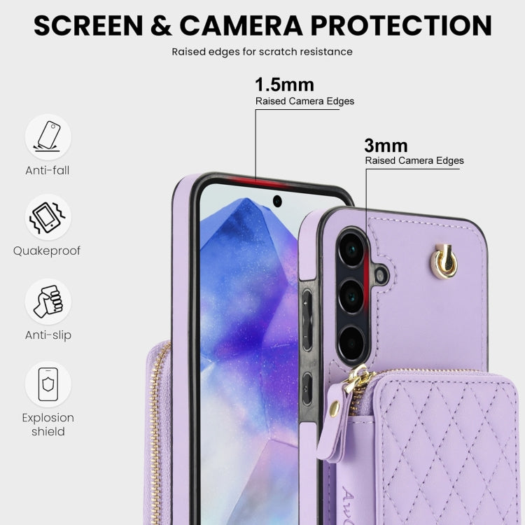 For Samsung Galaxy A55 5G AwQuer Crossbody Zipper Wallet Rhombic Leather Back Phone Case(Purple) - Galaxy Phone Cases by Awquer | Online Shopping UK | buy2fix