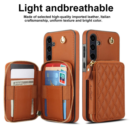 For Samsung Galaxy A55 5G AwQuer Crossbody Zipper Wallet Rhombic Leather Back Phone Case(Brown) - Galaxy Phone Cases by Awquer | Online Shopping UK | buy2fix