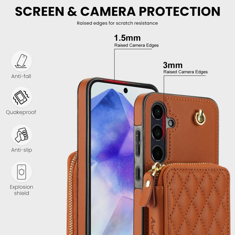 For Samsung Galaxy A55 5G AwQuer Crossbody Zipper Wallet Rhombic Leather Back Phone Case(Brown) - Galaxy Phone Cases by Awquer | Online Shopping UK | buy2fix