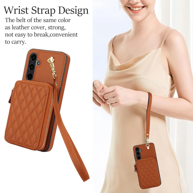 For Samsung Galaxy A55 5G AwQuer Crossbody Zipper Wallet Rhombic Leather Back Phone Case(Brown) - Galaxy Phone Cases by Awquer | Online Shopping UK | buy2fix