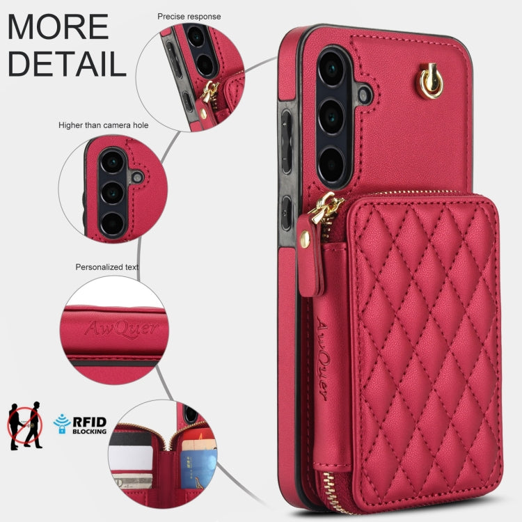 For Samsung Galaxy A35 5G AwQuer Crossbody Zipper Wallet Rhombic Leather Back Phone Case(Red) - Galaxy Phone Cases by Awquer | Online Shopping UK | buy2fix